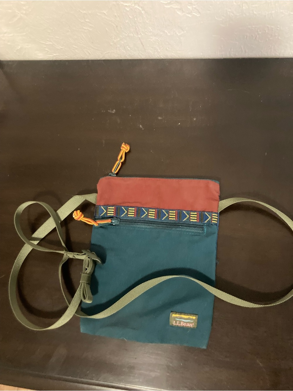 L.L. Bean Teal & Rust Crossbody Pouch with Patterned Trim